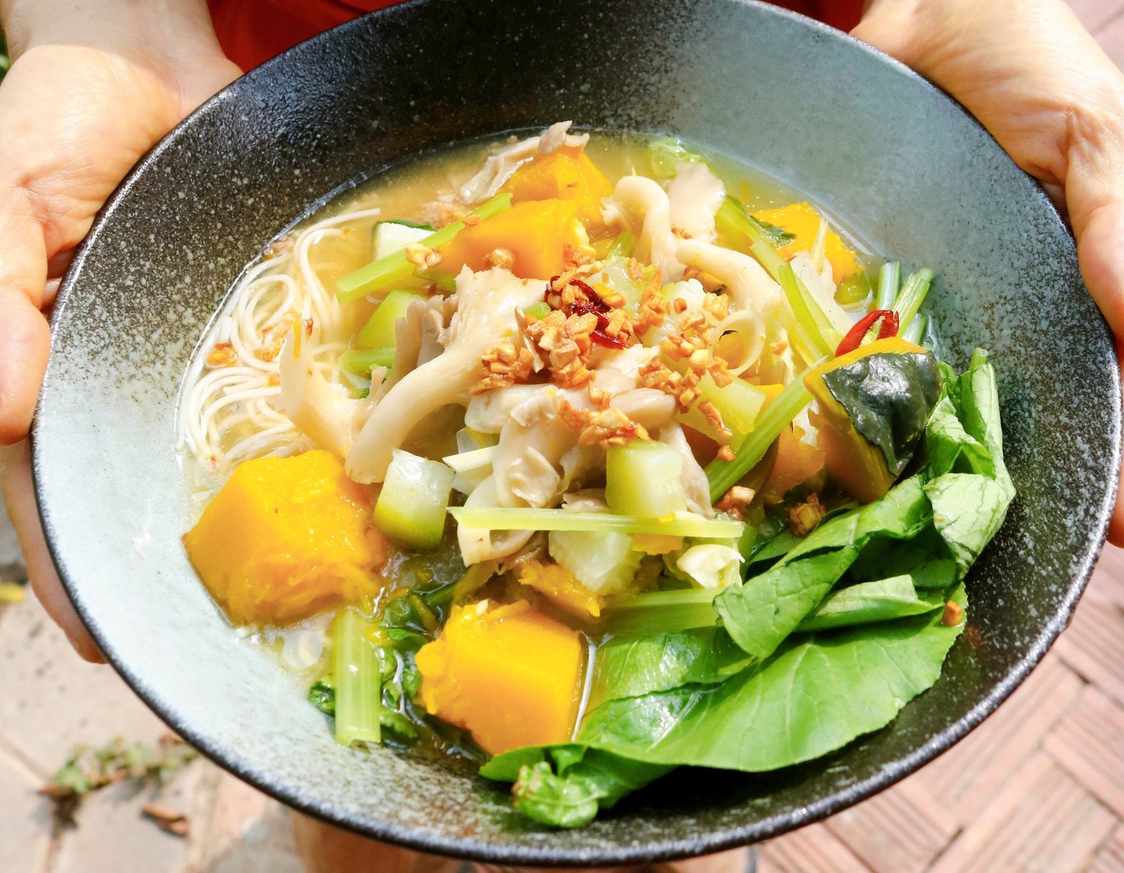 Hands holding a bowl of warm vegetable soup